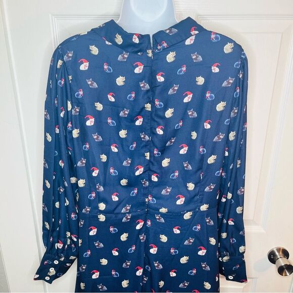 Modcloth Romantic Era Button Front Midi Dress Santa Cat Print Christmas Navy XL - Picture 9 of 13